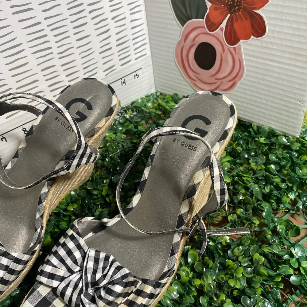 G by Guess Black and White Gingham Knot Espadrille Wedge Sandals - Picture 5 of 10
